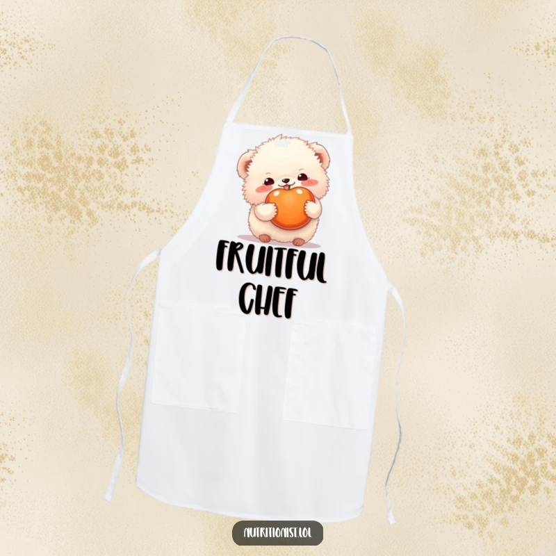 Funny apron with a happy fluffy creature holding a colorful fruit, adding a humorous and sweet touch to the kitchen, a practical funny gift.