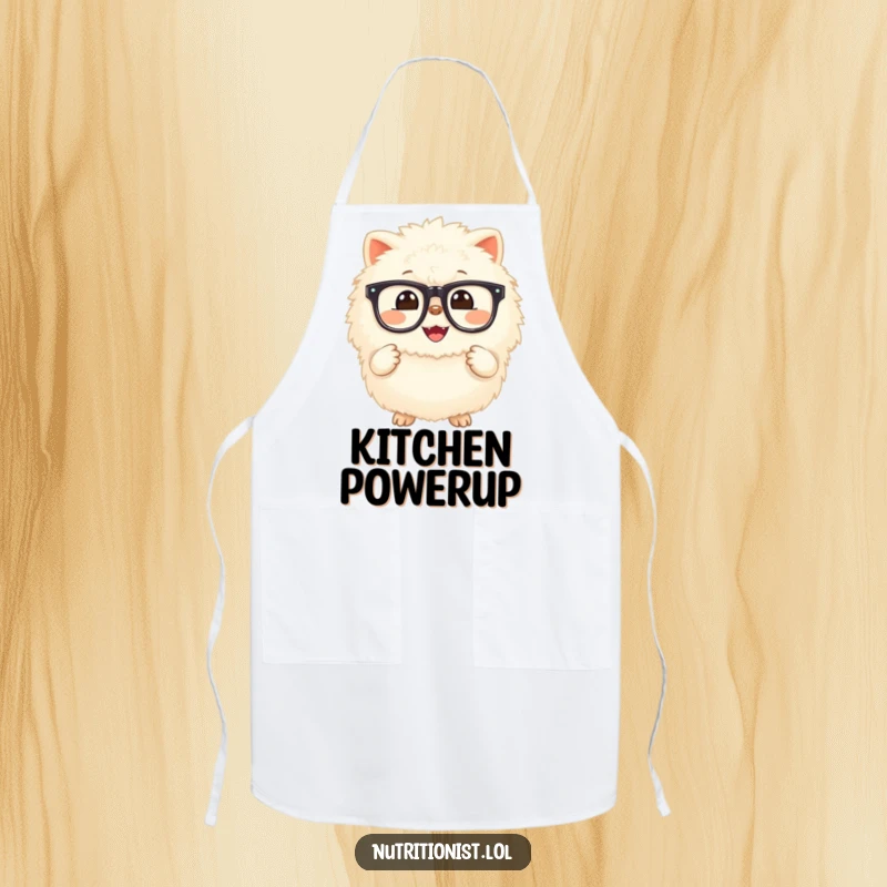 Funny apron featuring a fluffy creature with a bright grin, holding a small, glowing supplement, designed for kitchen protection with a side of cheerful health.
