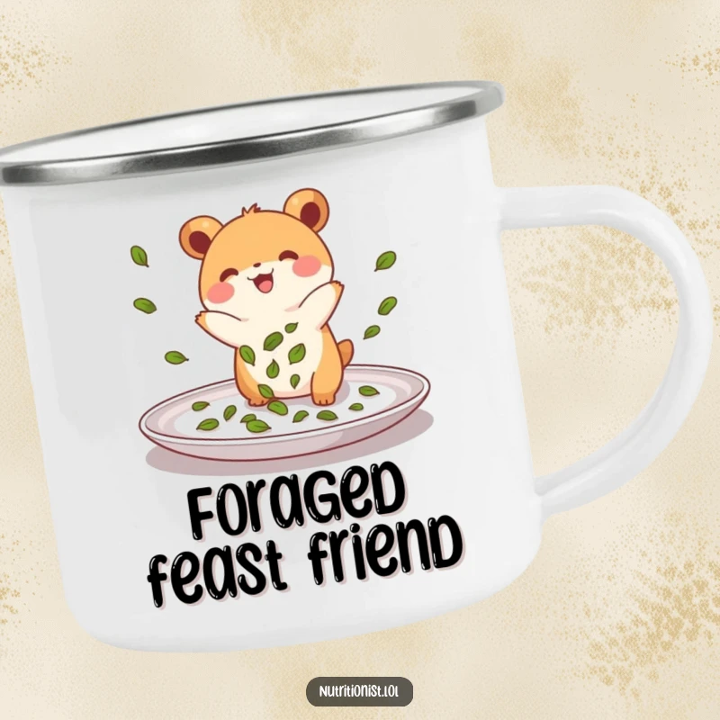 Funny camping mug with a small, energetic creature joyfully sprinkling green leaves onto a plate, designed for outdoor use with a humorous culinary theme.