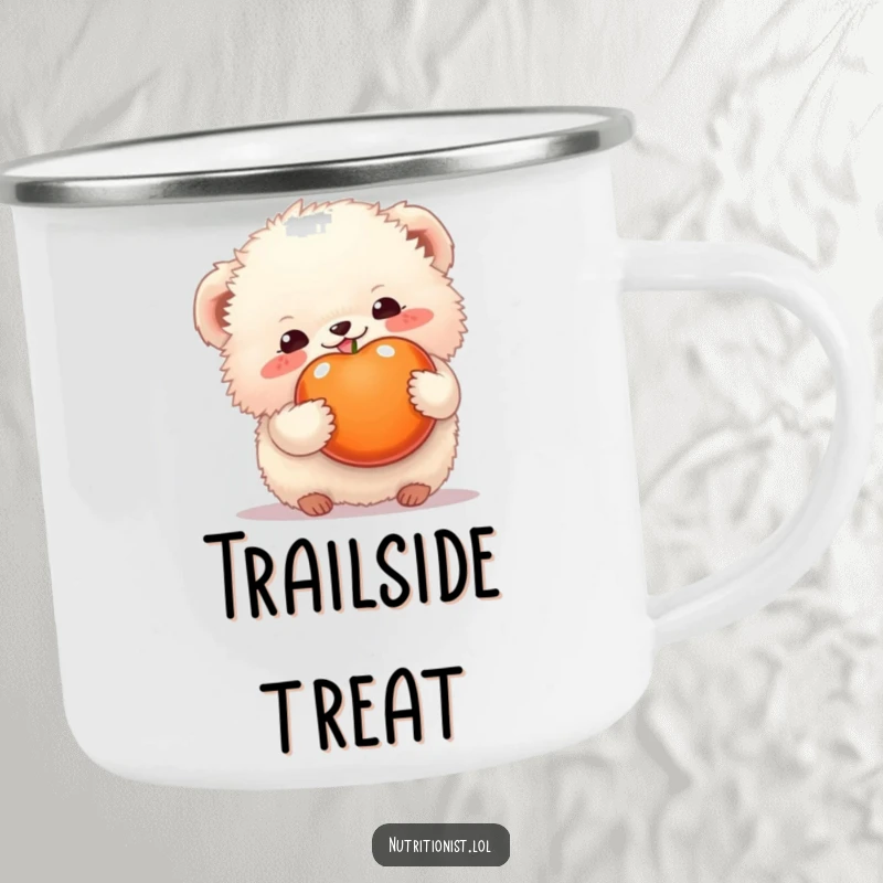 Funny camping mug with a happy fluffy creature holding a colorful fruit, perfect for outdoor enjoyment and laughter, a memorable funny gift.