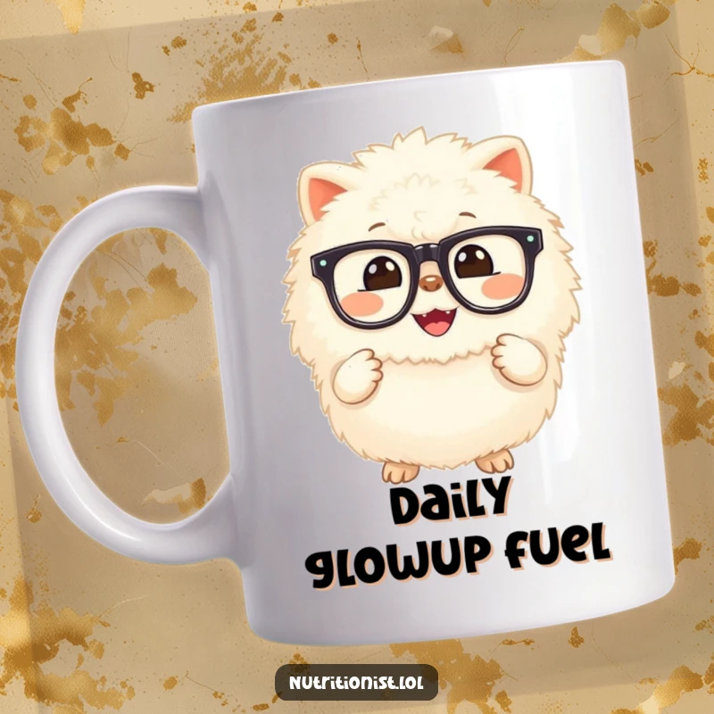 Funny mug showing a fluffy creature with a wide, cheerful grin, holding a small, brightly glowing supplement, embodying positivity and well-being.