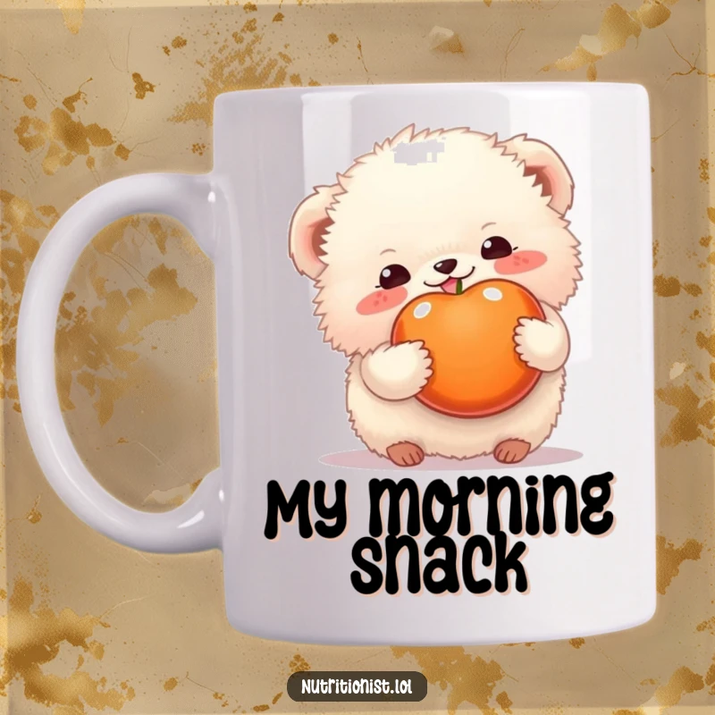 Funny mug featuring a fluffy creature happily holding a colorful piece of fruit, radiating contentment and delight, a sweet funny gift.
