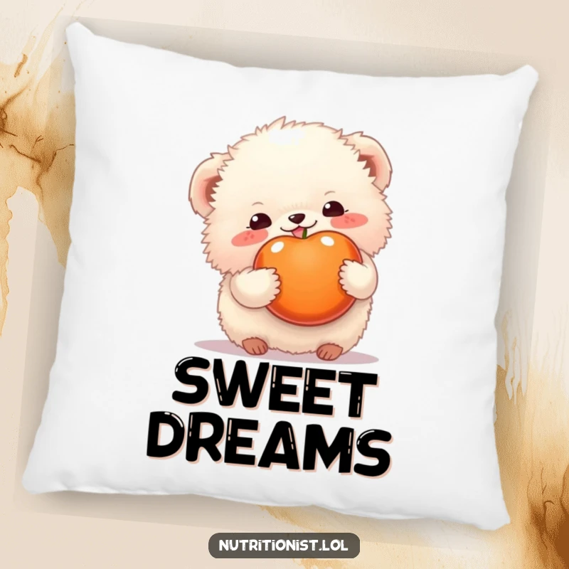 Funny pillow featuring a happy fluffy creature holding a piece of fruit, bringing cozy comfort and sweet vibes, a delightful funny gift.