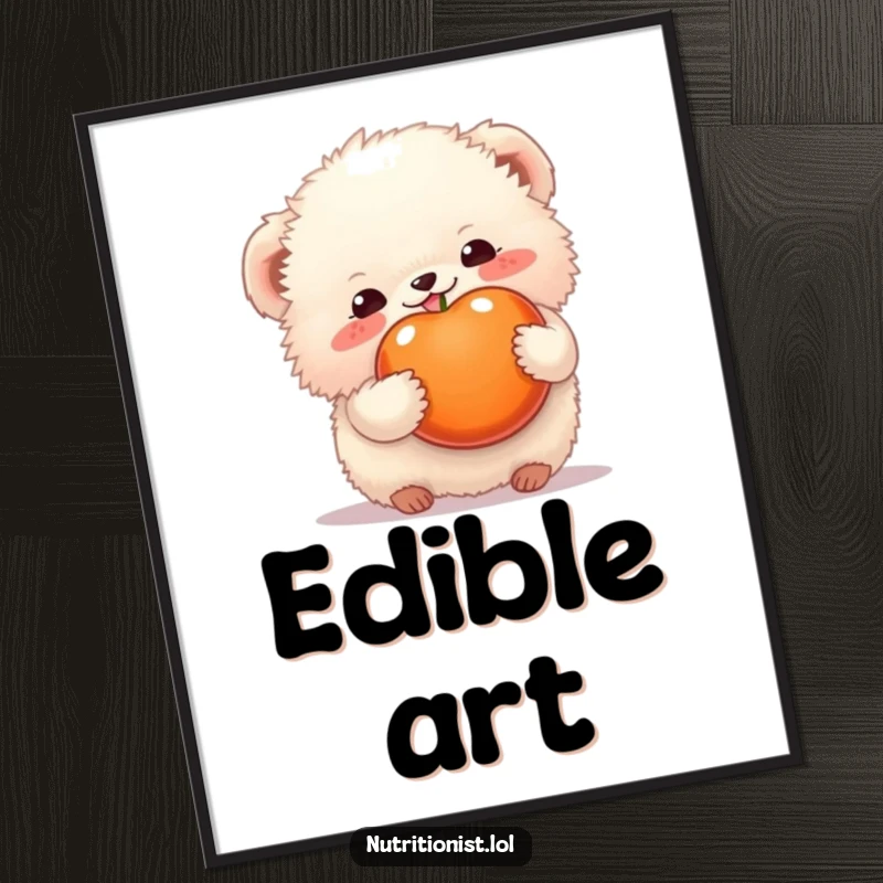 Funny digital art print of a fluffy creature happily holding a colorful fruit, radiating sweet contentment and joy, a delightful funny gift.