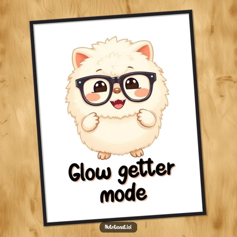 Funny digital art print of a fluffy creature with a wide, cheerful grin, holding a small, glowing supplement, designed for instant download and vibrant display.