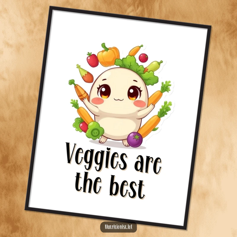 Funny digital art print of a round creature with wide eyes, hilariously juggling a lively assortment of healthy vegetables, perfect for immediate download and display.