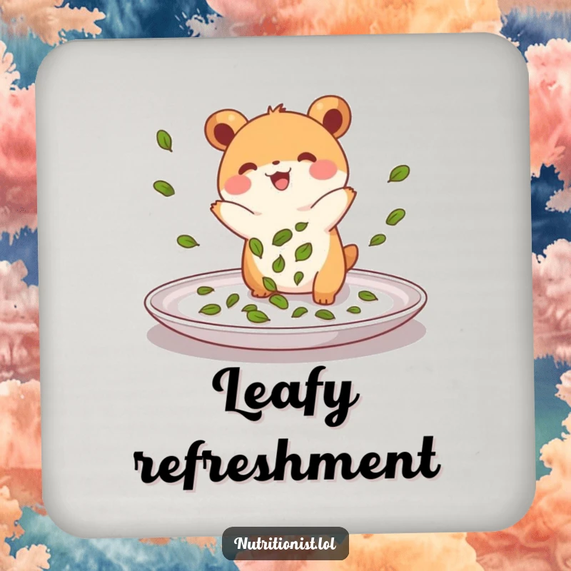 Funny drink coasters featuring a small, energetic creature joyfully sprinkling green leaves onto a plate, perfect for adding a humorous culinary touch to any table.