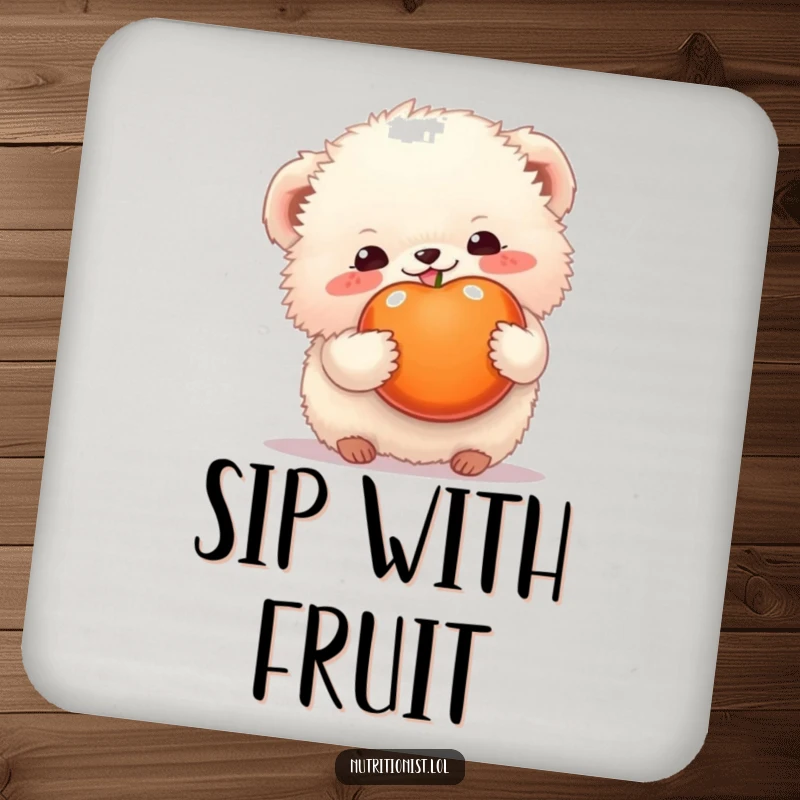 Funny coaster set with a happy fluffy creature holding a piece of fruit, adding sweet charm to any table, a delightful funny gift.