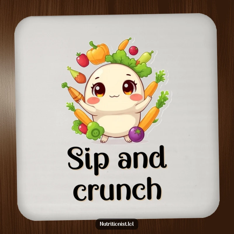Funny drink coasters featuring a round creature with wide eyes, skillfully juggling a colorful assortment of healthy vegetables, adding a humorous element to beverage service.