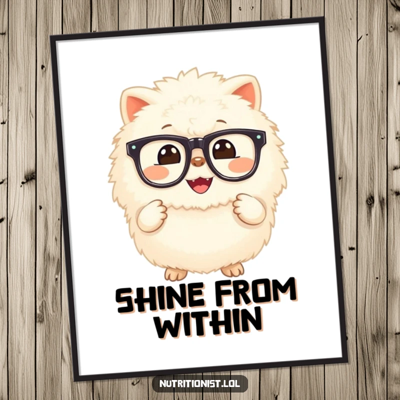 Funny poster artwork of a fluffy creature with a cheerful grin, proudly holding a small, glowing supplement, symbolizing vitality and good health humorously.