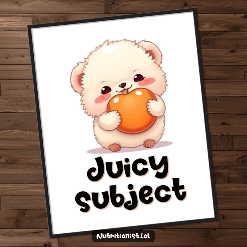 Funny poster of a fluffy creature happily holding a ripe, colorful fruit, radiating contentment and a love for tasty treats, a humorous art gift.