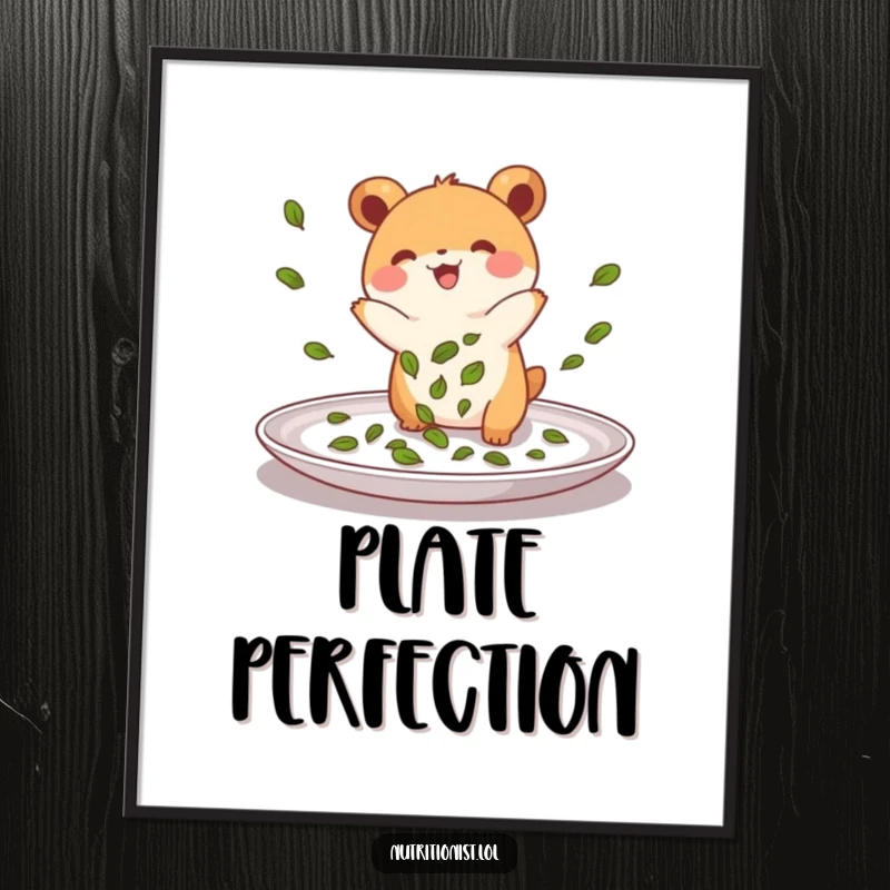 Funny poster artwork of a small, energetic creature joyfully sprinkling green leaves onto a plate, capturing the essence of culinary artistry with humor.