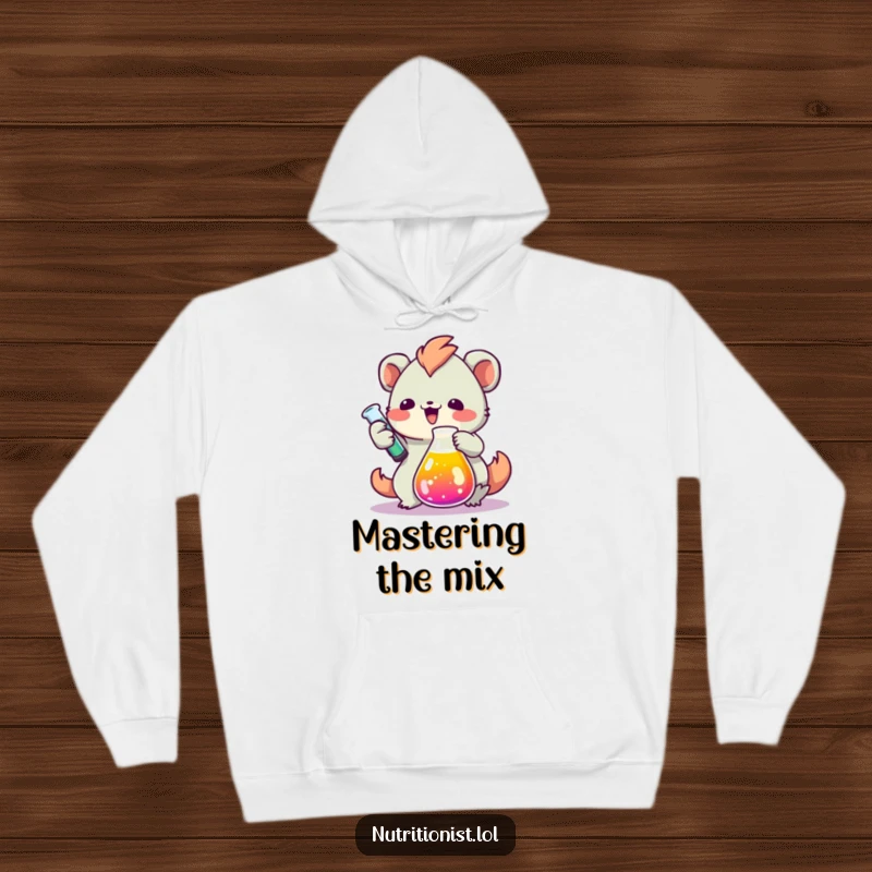 Funny hoodie featuring a creature enthusiastically measuring colorful liquid in a beaker, designed for comfort and showcasing a love for science and humor.