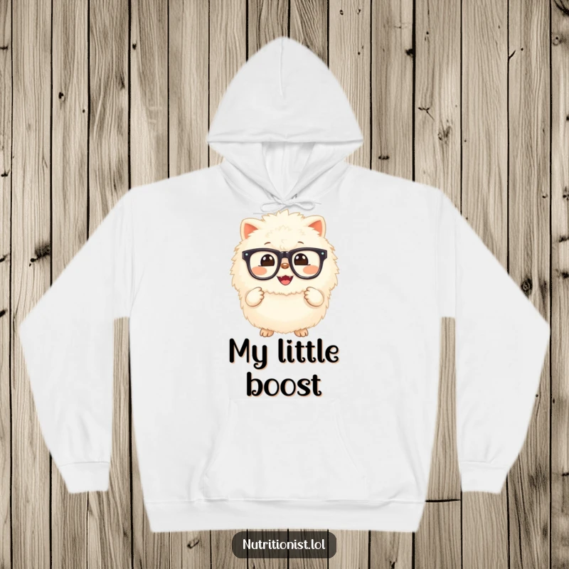 Funny hoodie featuring a super fluffy creature with an infectious grin, holding a small, glowing supplement, designed for comfort and promoting a healthy mindset.