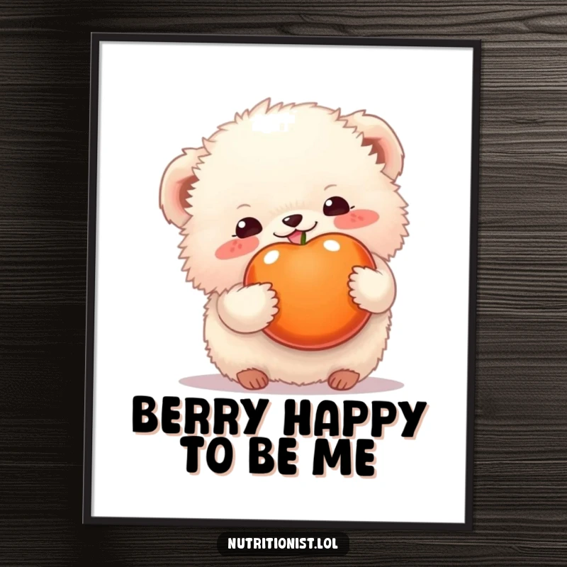 Funny Free Printable Wall Art of a fluffy creature happily holding colorful fruit, adding sweet and downloadable decor.