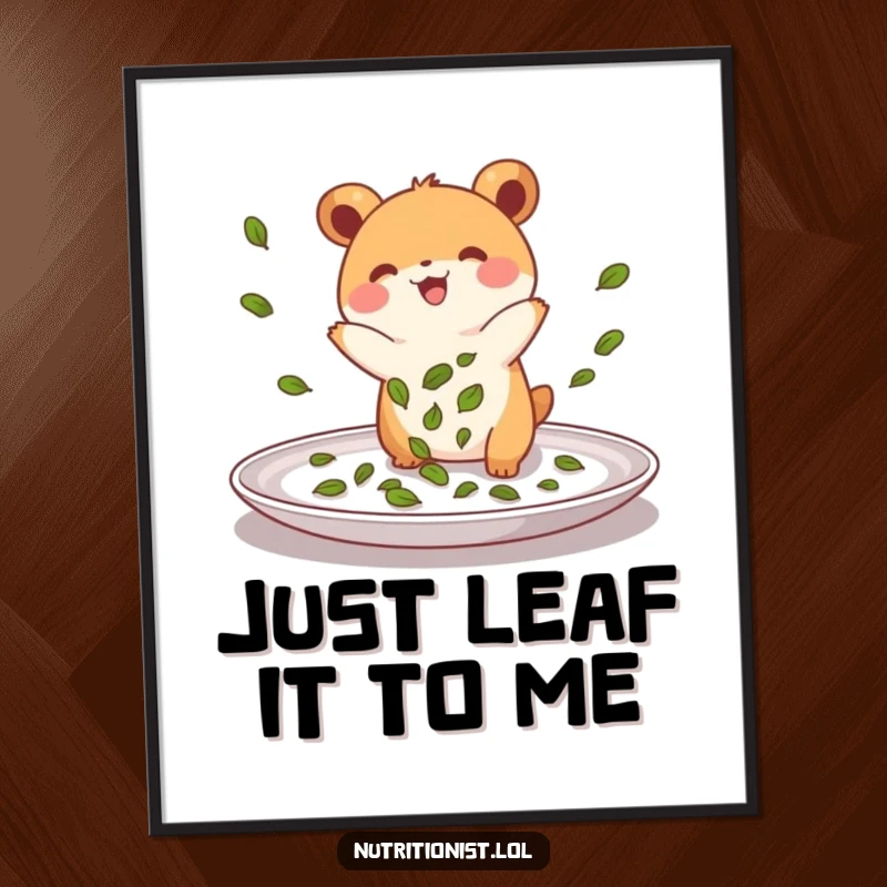 Funny Free Printable Wall Art: Small energetic creature joyfully sprinkling green leaves onto a plate, a charming natural scene.