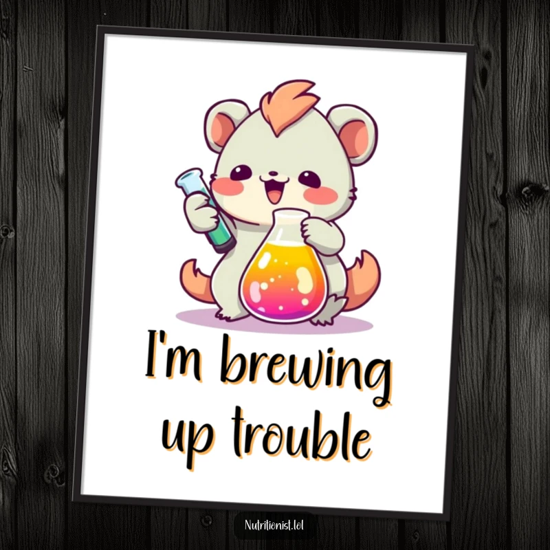 Funny Free Printable Wall Art: Creature enthusiastically measuring colorful liquid in a beaker, a humorous science-themed artwork.