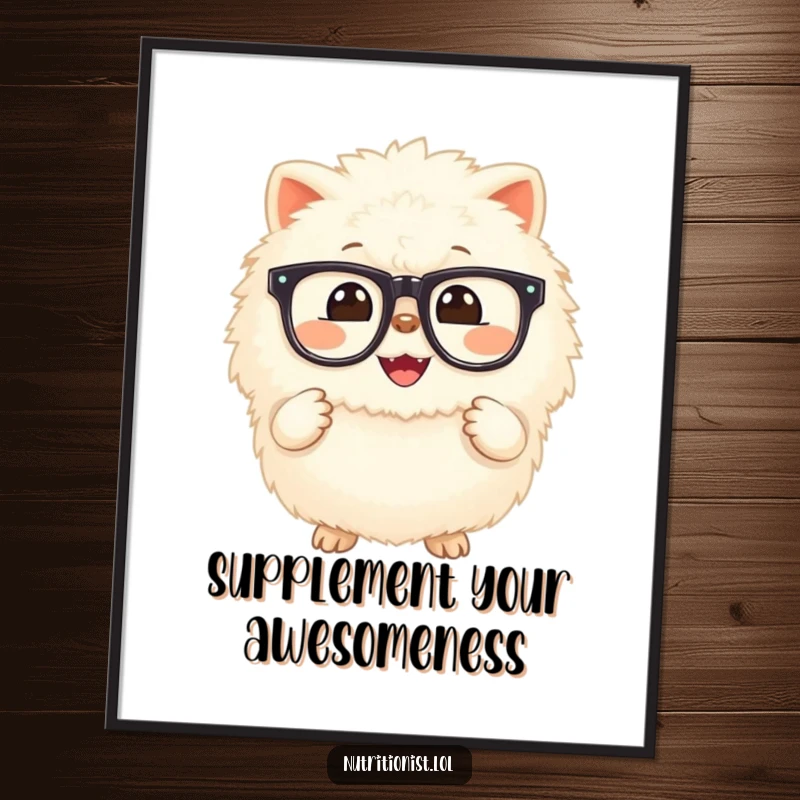 Funny Free Printable Wall Art: Fluffy creature grinning, holding a small glowing supplement, promoting healthy vibes humorously.