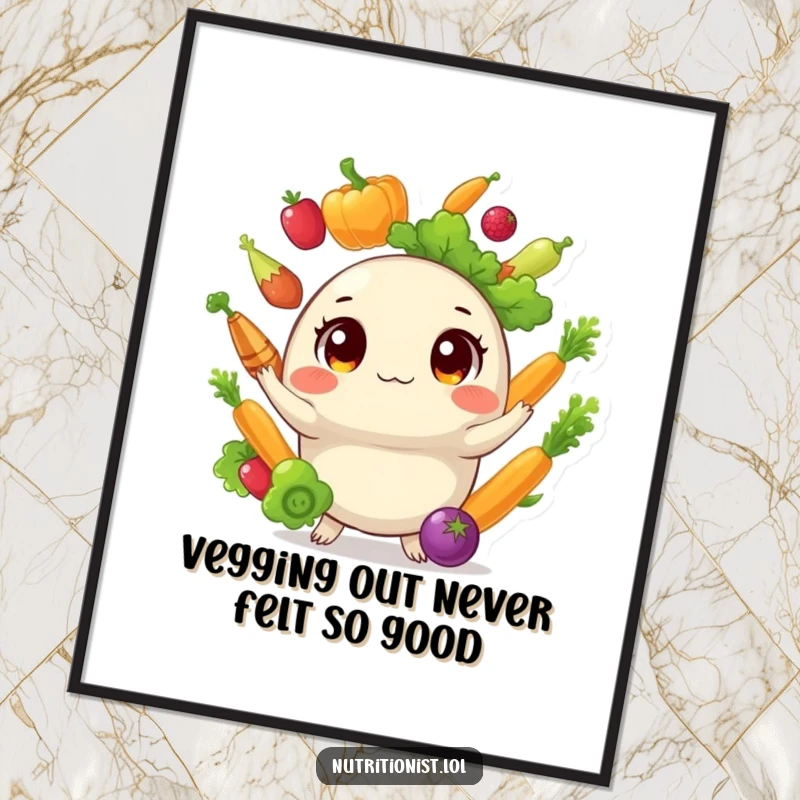 Funny Free Printable Wall Art: Wide-eyed round creature juggling a rainbow of healthy vegetables, a comical piece of decor.