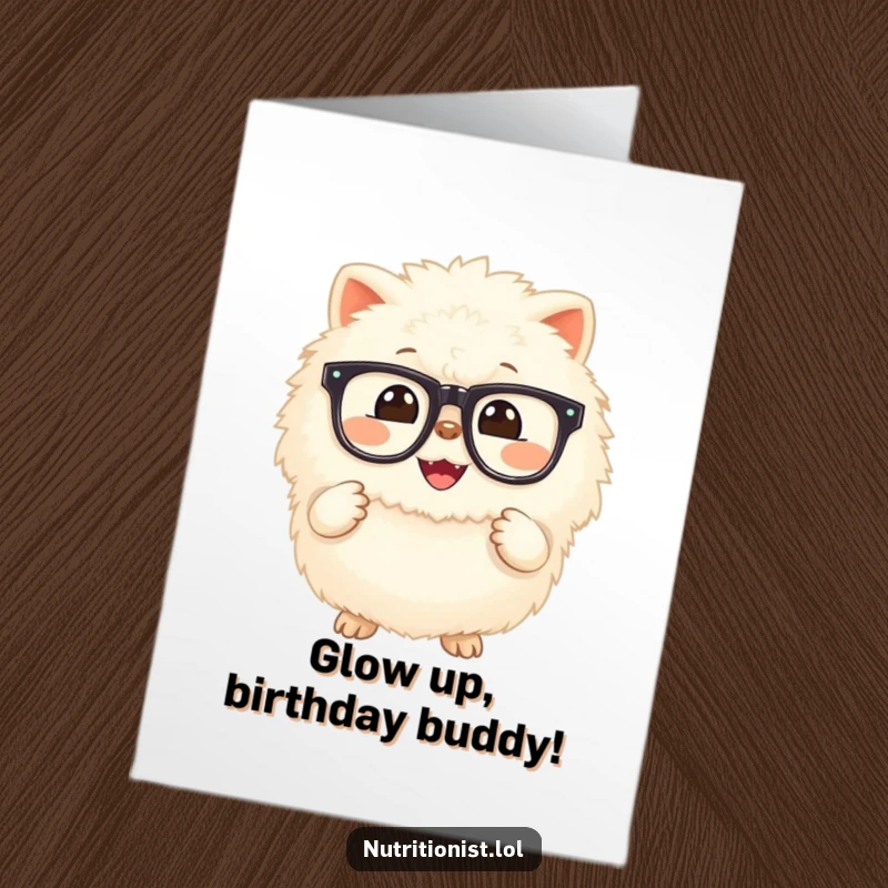 Funny Free Printable Birthday Card: Fluffy creature grinning, holding a glowing supplement, wishing happy birthday with humor.