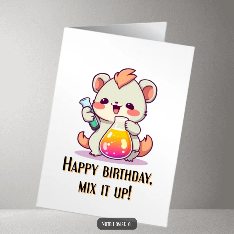 Funny Free Printable Birthday Card: Creature enthusiastically measuring colorful liquid in a beaker, celebrating a birthday experiment.