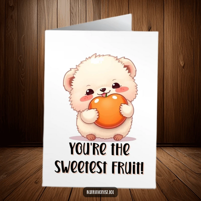 Funny Free Printable Birthday Card featuring a fluffy creature holding colorful fruit, perfect for a cheerful DIY.