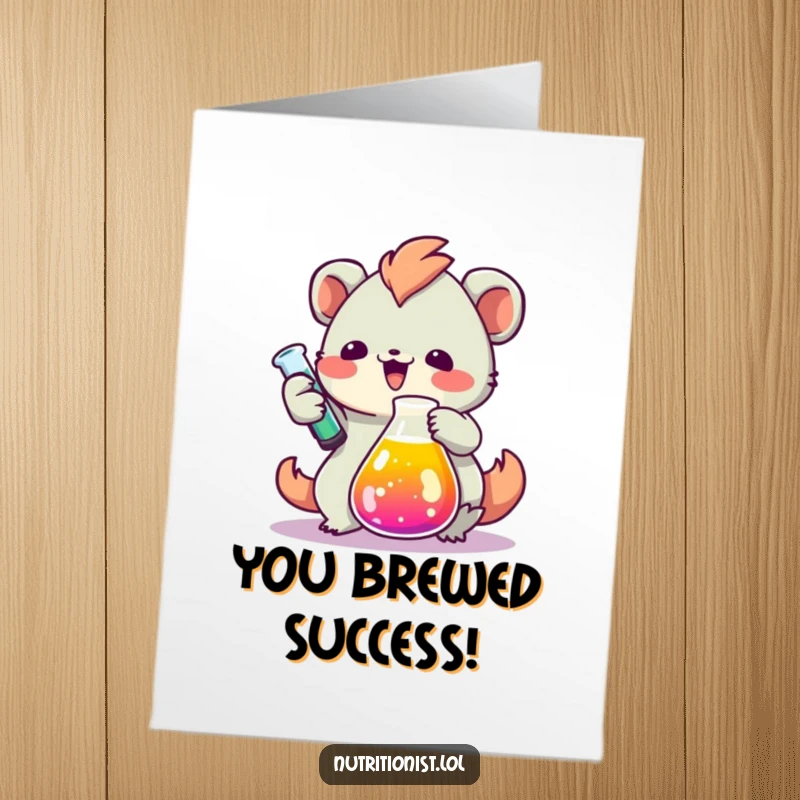 Funny Free Printable Congratulations Card: Creature measuring colorful liquid in a beaker, celebrating a brilliant success.