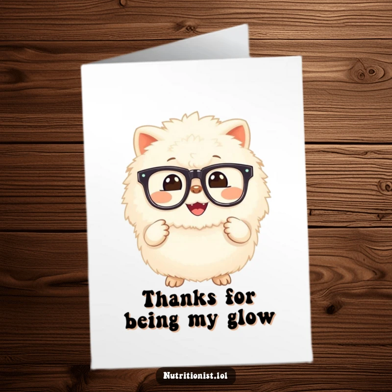 Funny Free Printable Thank You Card: Fluffy creature holding a glowing supplement, a humorous way to say thank you.