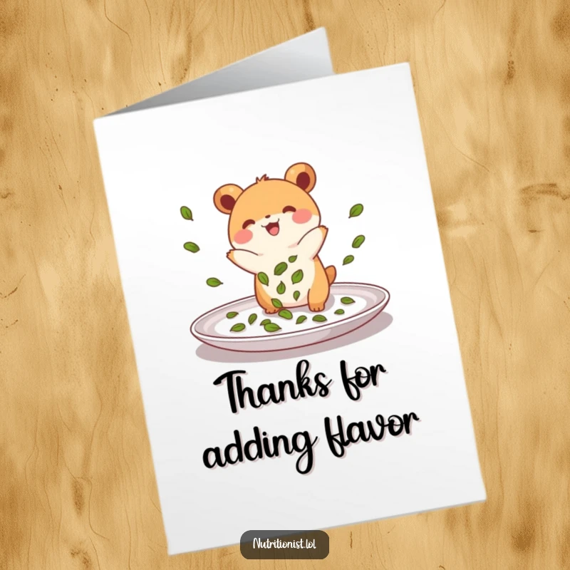 Funny Free Printable Thank You Card: Energetic creature sprinkling green leaves onto a plate, humorously expressing thanks.