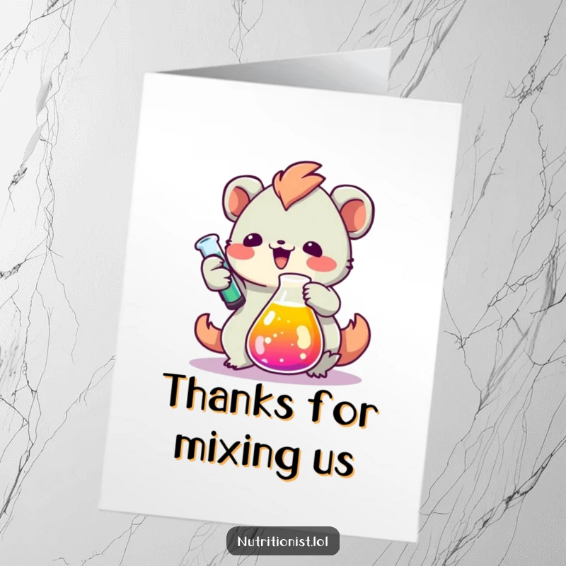 Funny Free Printable Thank You Card: Creature measuring colorful liquid in a beaker, humorously expressing thanks.