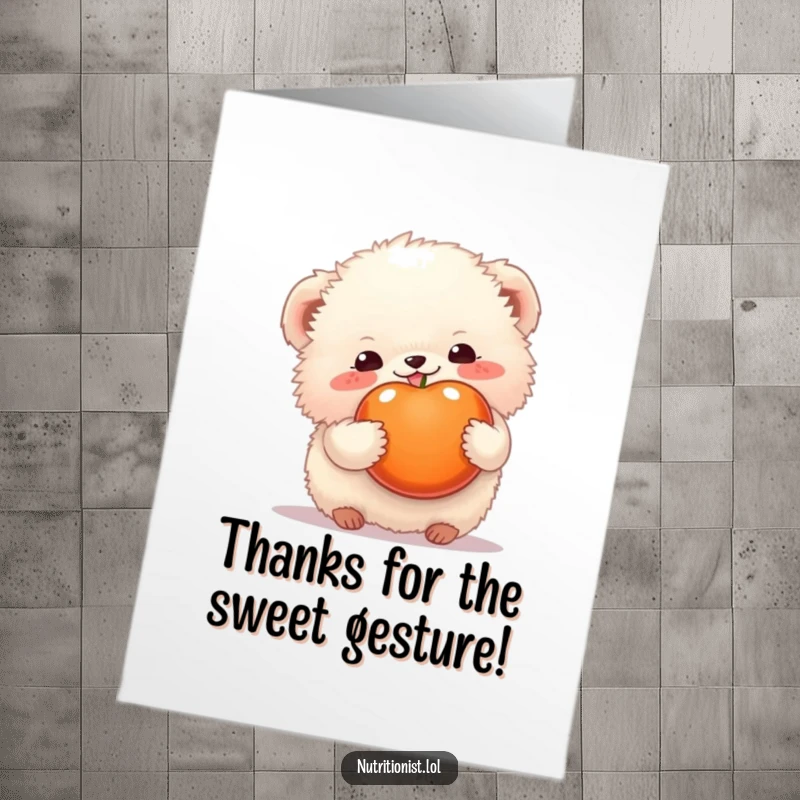 Funny Free Printable Thank You Card showing a fluffy creature holding a piece of colorful fruit, a charming DIY.