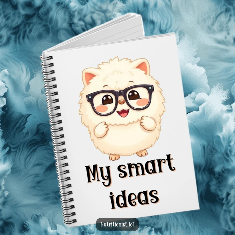 Funny notebook cover with a fluffy creature beaming and holding a small, glowing supplement, perfect for jotting down notes, goals, and healthy tips.