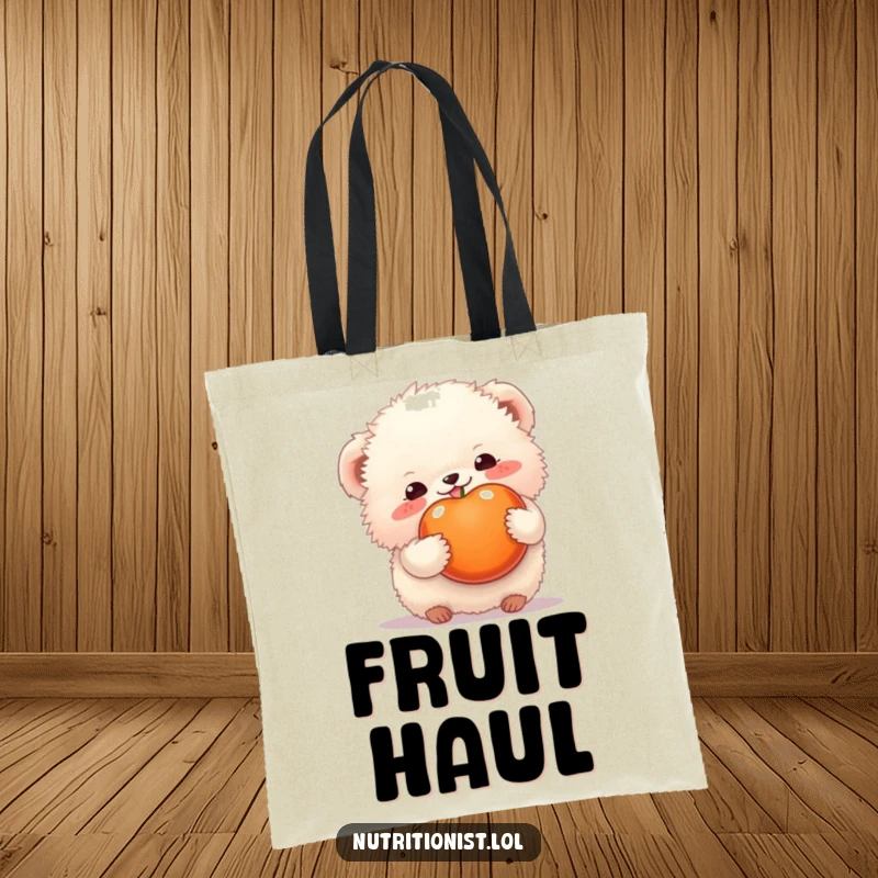 Funny tote bag with a happy fluffy creature holding a colorful fruit, showcasing deliciousness and joy, a useful funny gift.